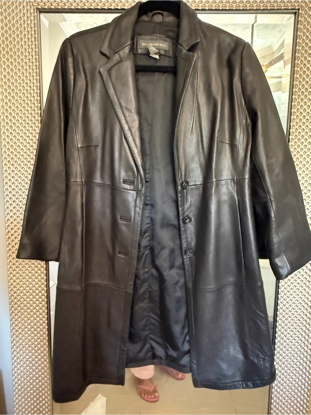Banana Republic Black Leather Button-Front Long Coat